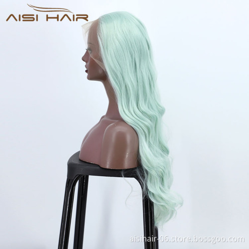 Ombre Swiss Lace Synthetic Hair Wholesale Cheap Vendor Cosplay Long Curly Body Wave Green For Black Women Lace Front Wig